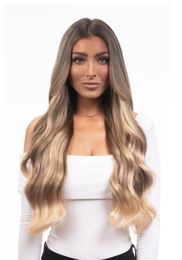 BELLAMI Professional Silk Seam™ | 140g 18" Warm Brown/Honey Blonde (17/24) Ombre Clip-In Hair Extensions