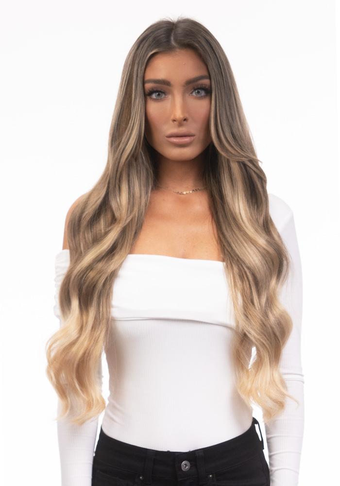 BELLAMI Professional Silk Seam™ | 180g 20" Warm Brown/Honey Blonde (17/24) Ombre Clip-In Hair Extensions